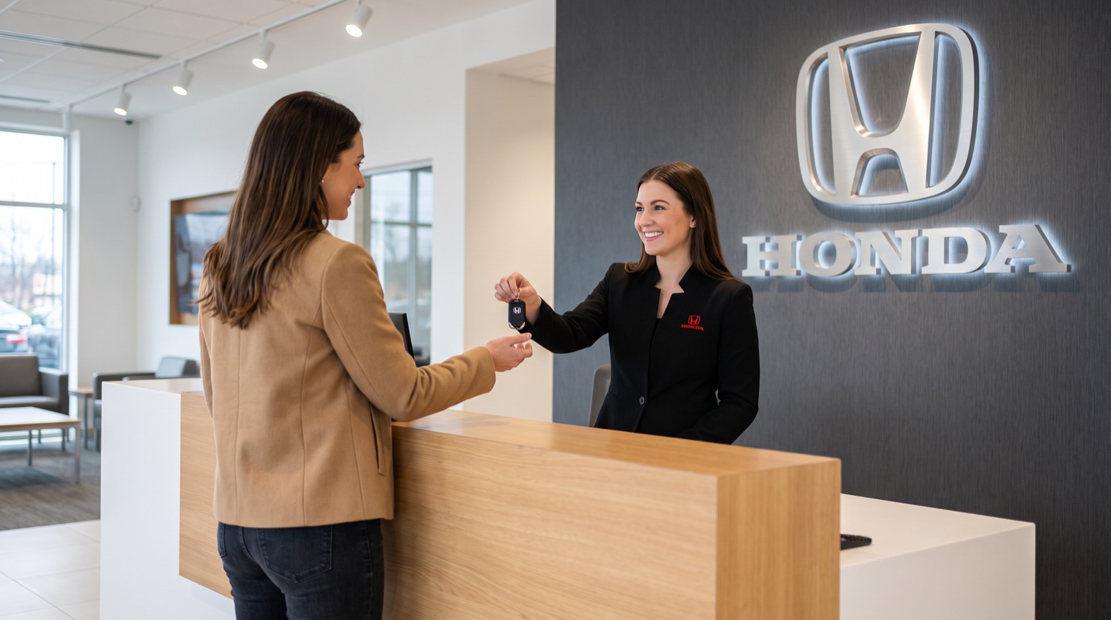A Honda team member handing car keys to a customer at the dealership reception desk