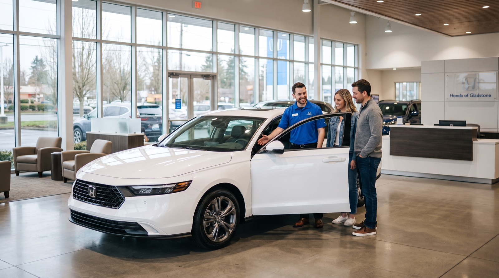 A Honda of Gladstone sales consultant showing a couple a new Honda in the showroom
